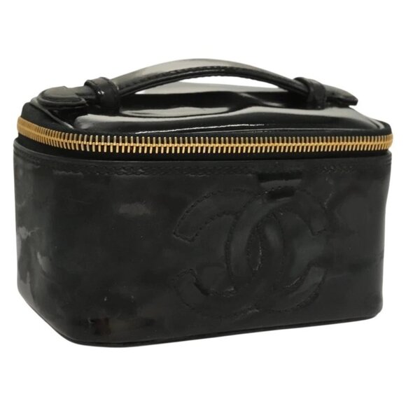 CHANEL Vanity Cosmetic Pouch Patent leather Black Gold CC - Picture 1 of 14